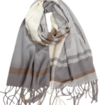 Gray Cream Striped Scarf With Fringe Edges And Draped Shape
