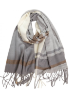 Gray Cream Striped Scarf With Fringe Edges And Draped Shape