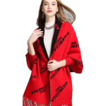 Red Letter Print Fringed Scarf With Long Draped Shape Design