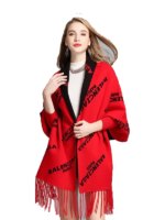 Red Letter Print Fringed Scarf With Long Draped Shape Design