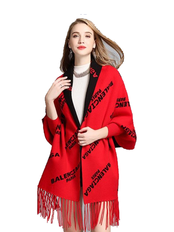 22 Red Letter Print Fringed Scarf With Long Draped Shape Design - Image 1