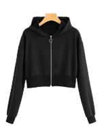 Women's Cropped Hooded Zip Jacket With Ribbed Hem And Cuffs