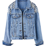 Women's Blue Button Front Jacket With Beaded Shoulder Collar Detail