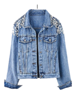 Women's Blue Button Front Jacket With Beaded Shoulder Collar Detail