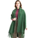 Green Oversized Scarf With Fringe Ends And Long Draped Shape