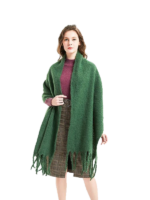 Green Oversized Scarf With Fringe Ends And Long Draped Shape