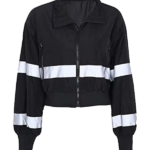 Women's Cropped Black Zip Jacket With White Stripe Sleeve Panels