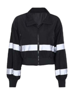 Women's Cropped Black Zip Jacket With White Stripe Sleeve Panels