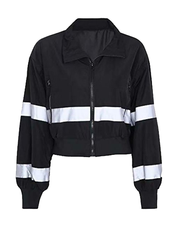 5 Women's Cropped Black Zip Jacket With White Stripe Sleeve Panels - Image 1