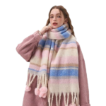 Pastel Striped Scarf With Fringe Ends And Round Pom Details