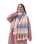 Pastel Striped Scarf With Fringe Ends And Round Pom Details - Image 3