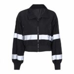 Women's Cropped Black Zip Jacket With White Stripe Sleeve Panels - Image 2