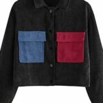 Women's Cropped Black Button Jacket With Blue Red Patch Pockets