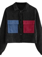 Women's Cropped Black Button Jacket With Blue Red Patch Pockets