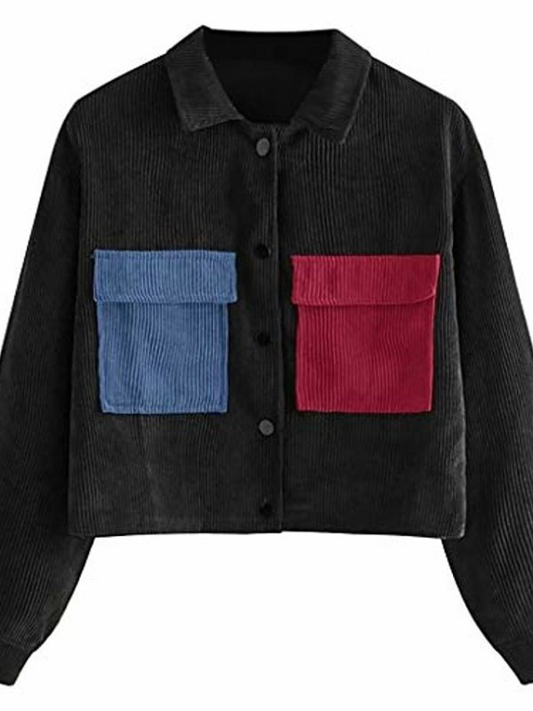 imgi_2_c05f104e7ceaf63ddac8b075cae024e1 Women's Cropped Black Button Jacket With Blue Red Patch Pockets - Image 1