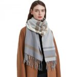 Gray Cream Striped Scarf With Fringe Edges And Draped Shape - Image 3