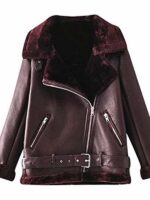 Women's Dark Zip Front Jacket With Wide Collar And Belt