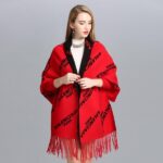 Red Letter Print Fringed Scarf With Long Draped Shape Design - Image 2