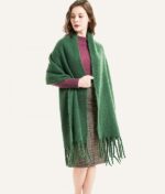 Green Oversized Scarf With Fringe Ends And Long Draped Shape - Image 3