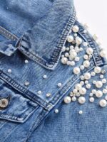 Women's Blue Button Front Jacket With Beaded Shoulder Collar Detail - Image 3