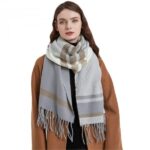 Gray Cream Striped Scarf With Fringe Edges And Draped Shape - Image 2