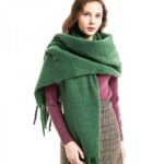 Green Oversized Scarf With Fringe Ends And Long Draped Shape - Image 2