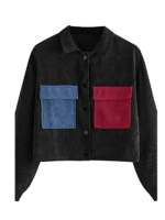 Women's Fashion Corduroy Jacket Long Sleeve Contrast Panel Button Front Corduroy Jacket With Patchwork Pockets