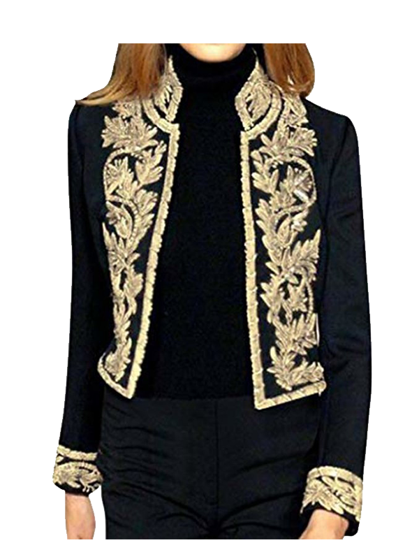666 Womens Victorian Steampunk Ringmaster Jacket Vintage Floral Embroidered Military Stand Collar Open Front Cardigans Suit Casual Office Black - Image 1